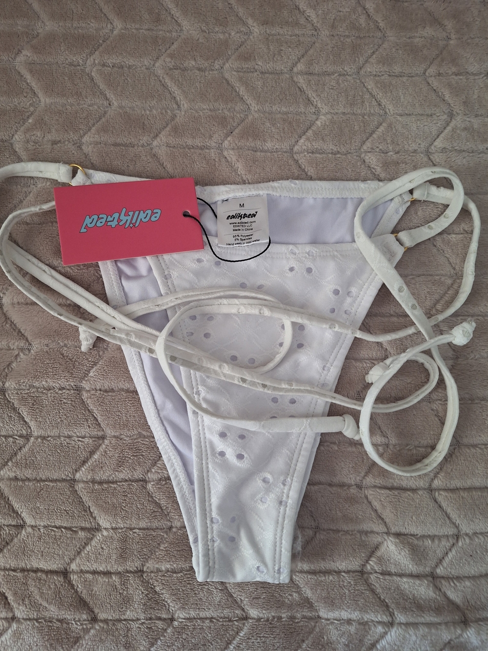 Edikted White Eyelet String Bikini Bottoms with Side Ties